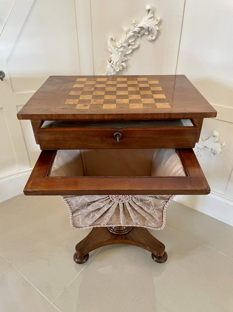 Quality Antique Freestanding William IV Rosewood Chess Top Sewing Table - Image 3